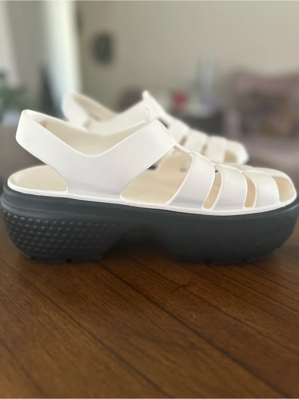 CROCS Cream-White Platform Fisherman Sandals with Black Sole